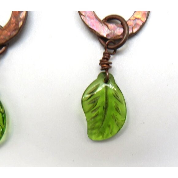 Handcrafted Earrings Hammered Copper Circle Green Leaf Lucite Dangle Pierced - Picture 7 of 9